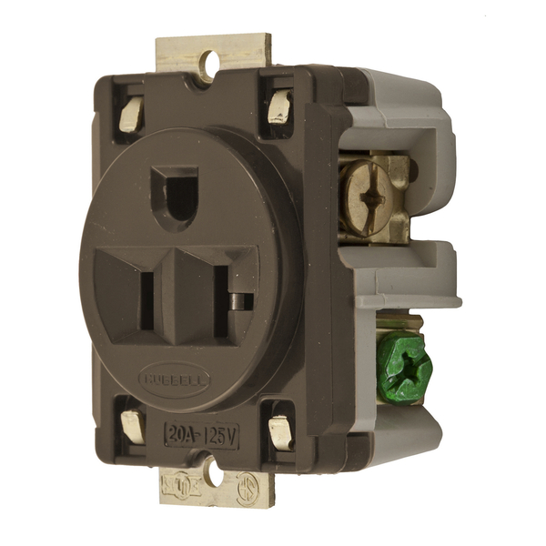 Hubbell Wiring Device-Kellems Straight Blade Devices, Receptacles, Panel Mount Single, Industrial Grade, 2-Pole 3-Wire Grounding, 20A 125V, 5-20R, Brown, Single Pack HBL5357